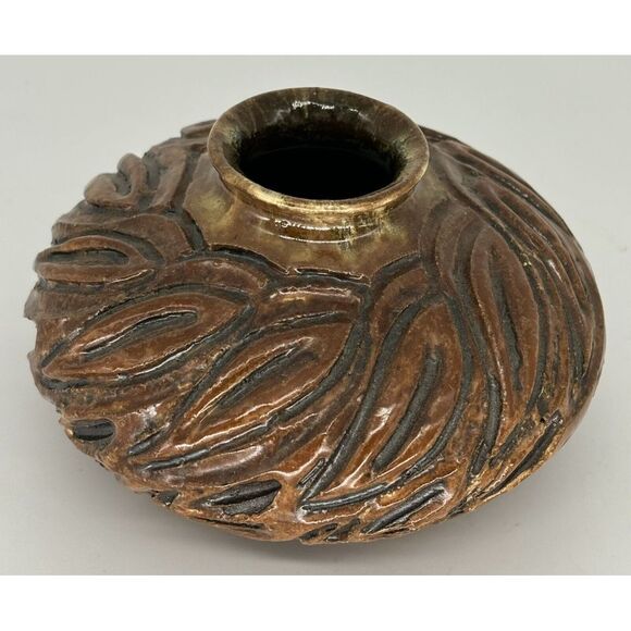 Vintage Stoneware Art Pottery Bowl Tan Brown Swirl Abstract Glazed Signed - Picture 2 of 9